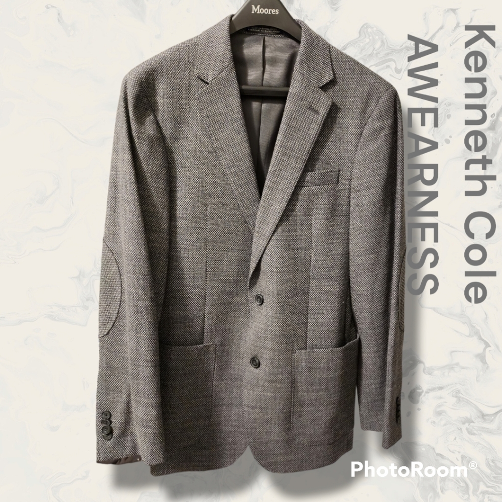 Kenneth Cole AWEARNESS Grey Sport Coat Blazer Size 38 Long Elbow Patch